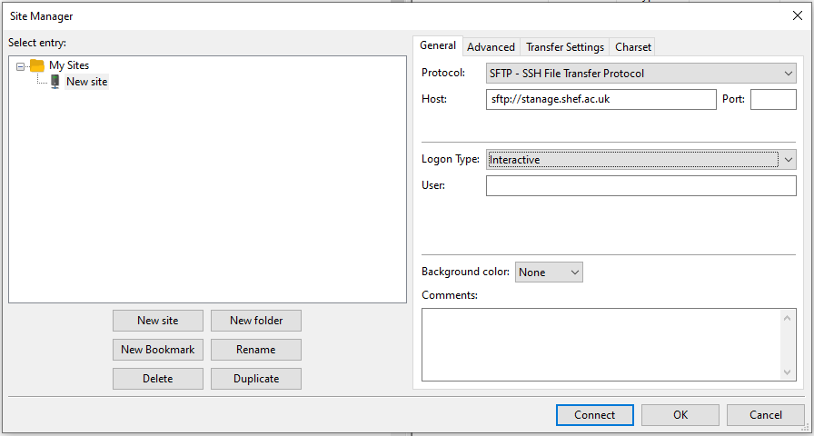 Screenshot of Filezilla site manager dialog.